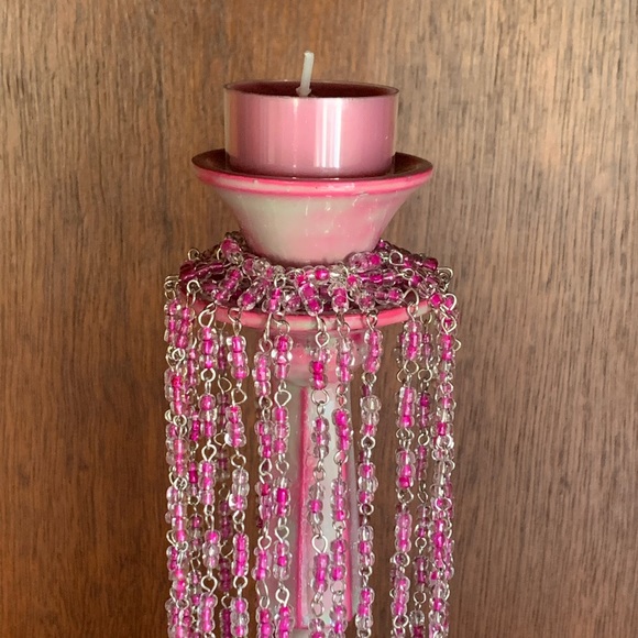 Wedding Candle Stick Holder Bohemian Style With Pink Glass Beads - Picture 5 of 10